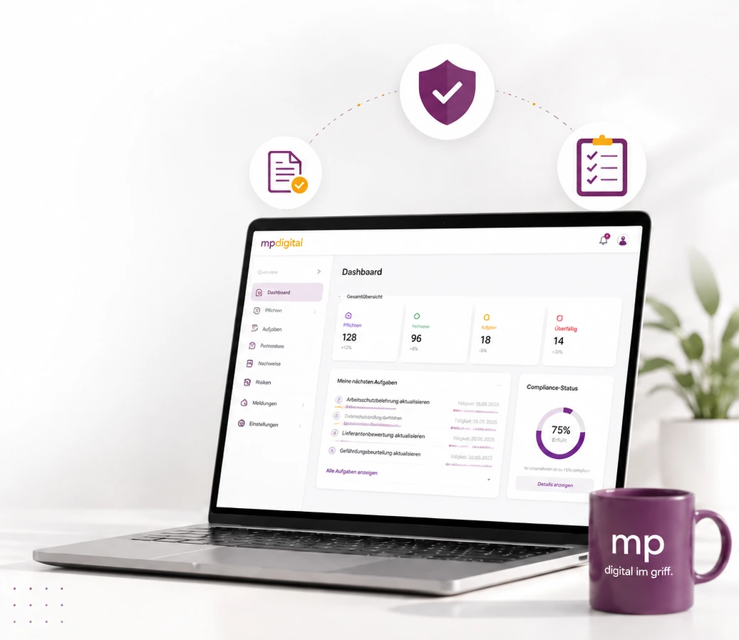 MPdigital-Illustration: Laptop mit Dashboard sowie Symbolen für Schutzaufgaben, Unterweisungen und Nachweise.